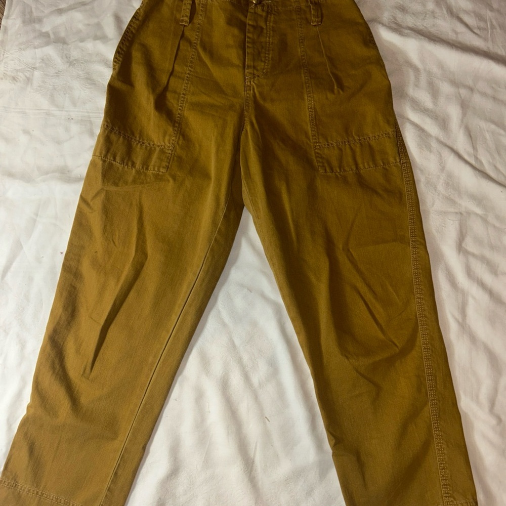 Free People Pants Womens 6 Cargo Baggy Back Strap Tan Button Fly High Waisted
